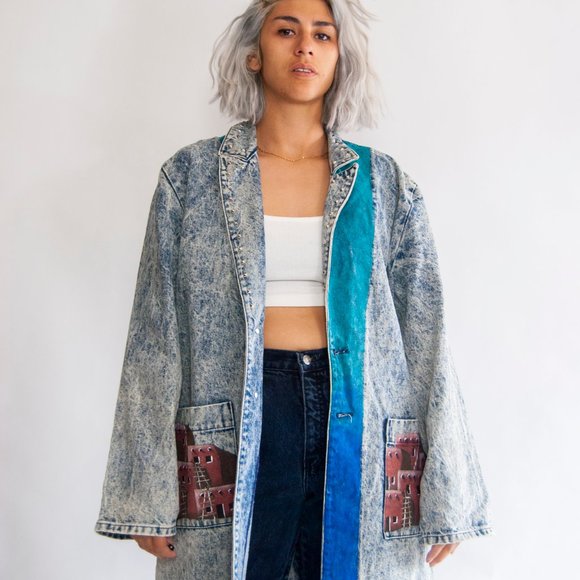 80s Acid Wash Hand Painted Southwestern Duster L L - Picture 3 of 11
